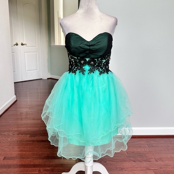 Handmade Dresses & Skirts - Custom Strapless Black Lace Mint Green Corset Back Cocktail Mini Dress Small